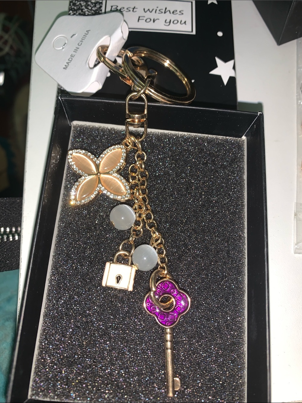 Floral Enamel bag/purse charm Keychain with lock & key